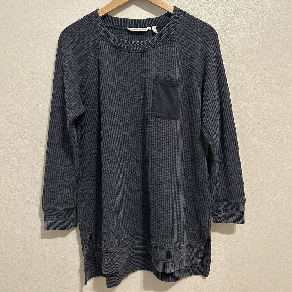Soft Surroundings Waffle Knit Top Women's Large Washed Black Long Sleeve Tunic